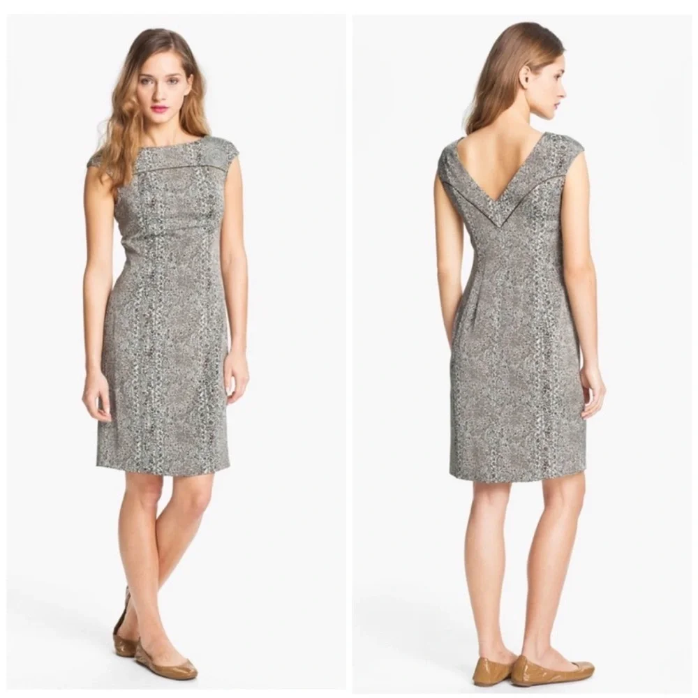 Tory Burch Carter Print Sheath‎ Career Dress Brown Blue V-Back 52121413 Size 8